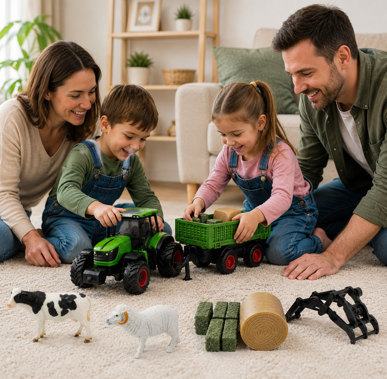 Children's Toy Remote-Controlled Tractor with Metal Trailer
