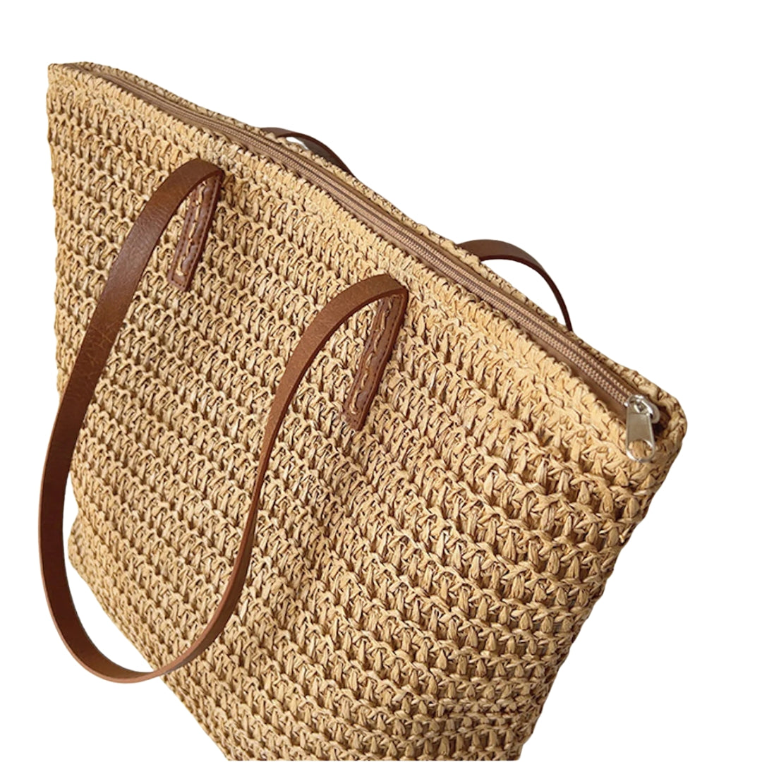 Wicker Basket Bag with Leather Handles for Women