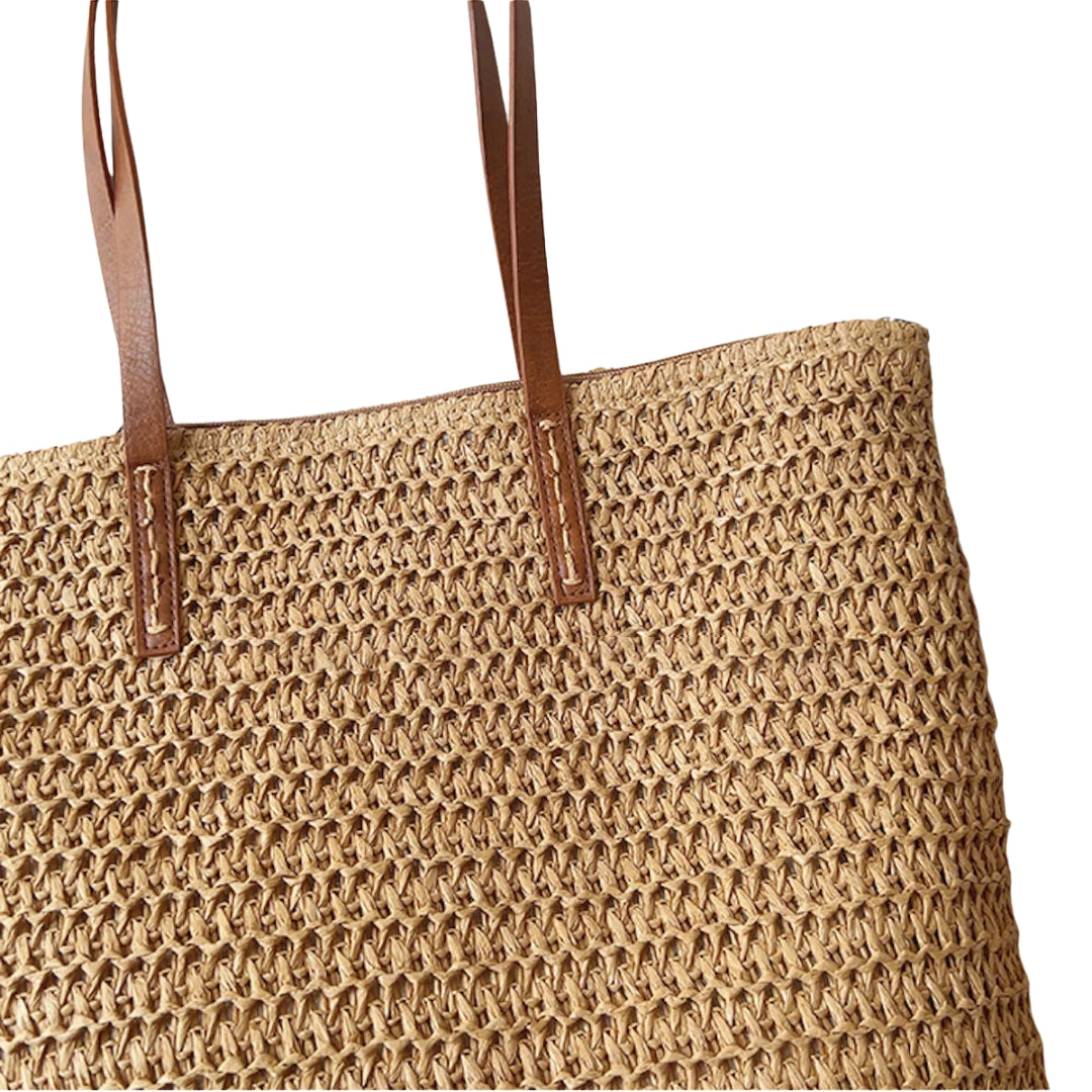 Wicker Basket Bag with Leather Handles for Women