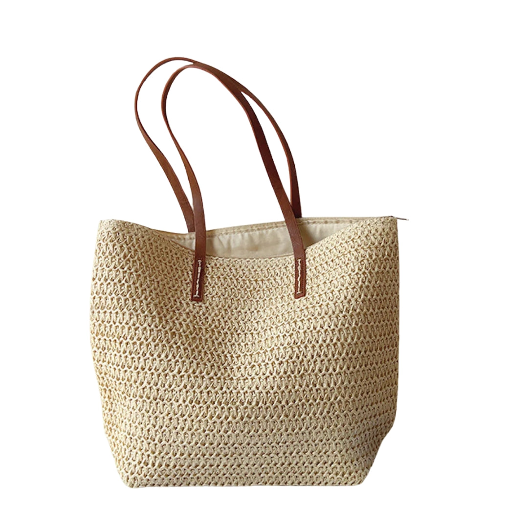 Wicker Basket Bag with Leather Handles for Women