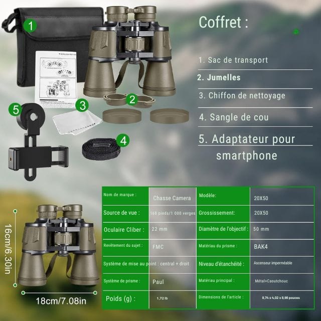 Marcherelle™ – Jumelles 20x50 HD Vision Nocturne Randonnée FMC Haute Définition