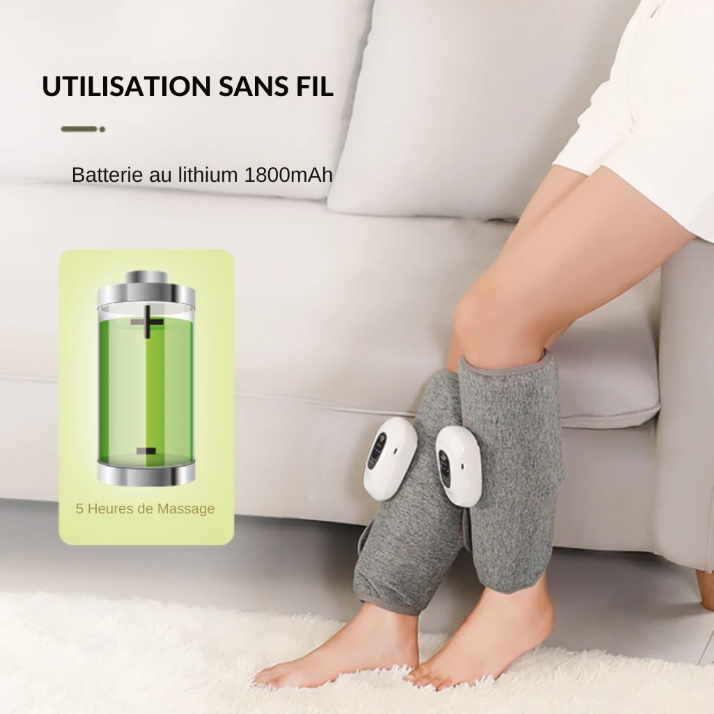 un appareil de massage pour les mollets. L'image met en avant son utilisation sans fil et une batterie lithium de 1800mAh qui offre jusqu'à 5 heures de massage.